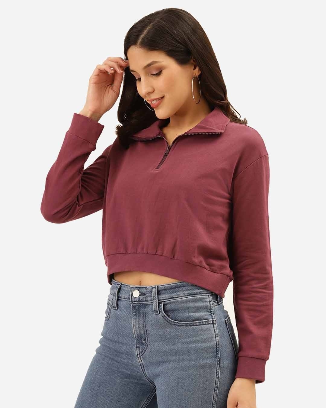 Shop Women's Purple Solid Crop Sweatshirt-Back