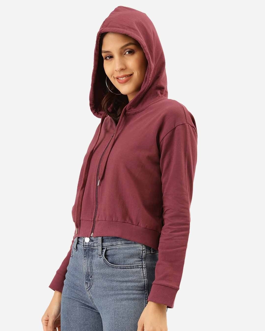 Shop Women's Purple Solid Hooded Crop Sweatshirt-Back