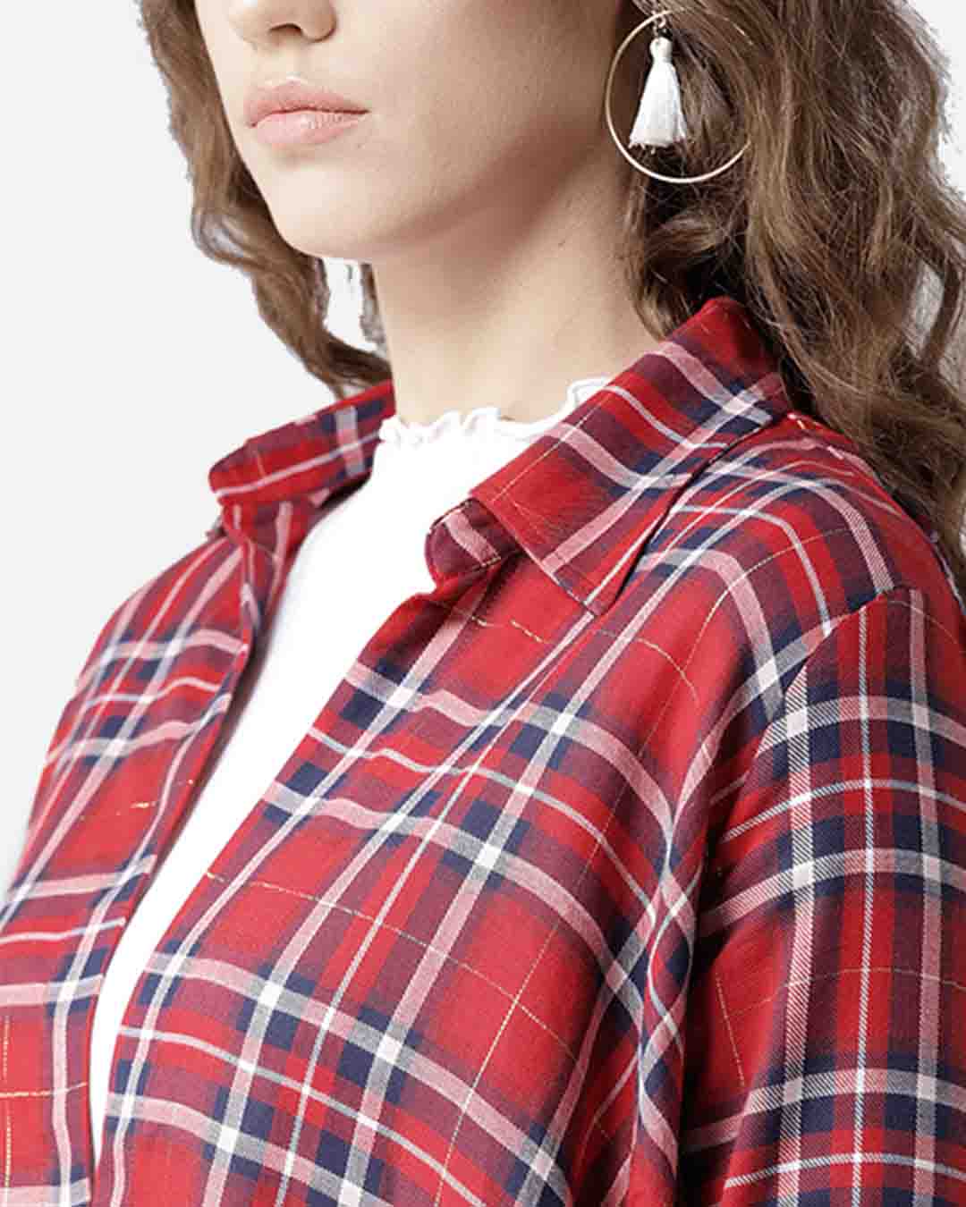 Shop Women Red & Navy Blue Checked Open Front Shrug-Back