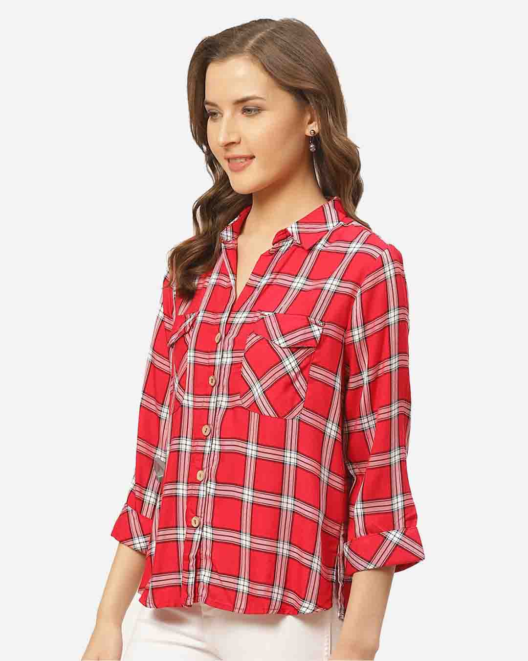 Shop Women Red & White Checked Casual Shirt-Back