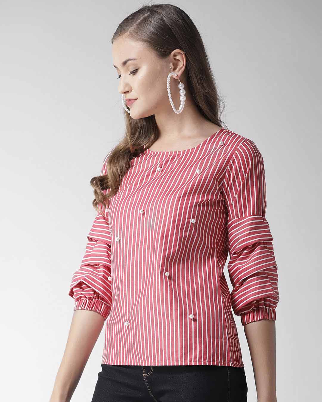 Shop Women Red & White Striped Top-Back