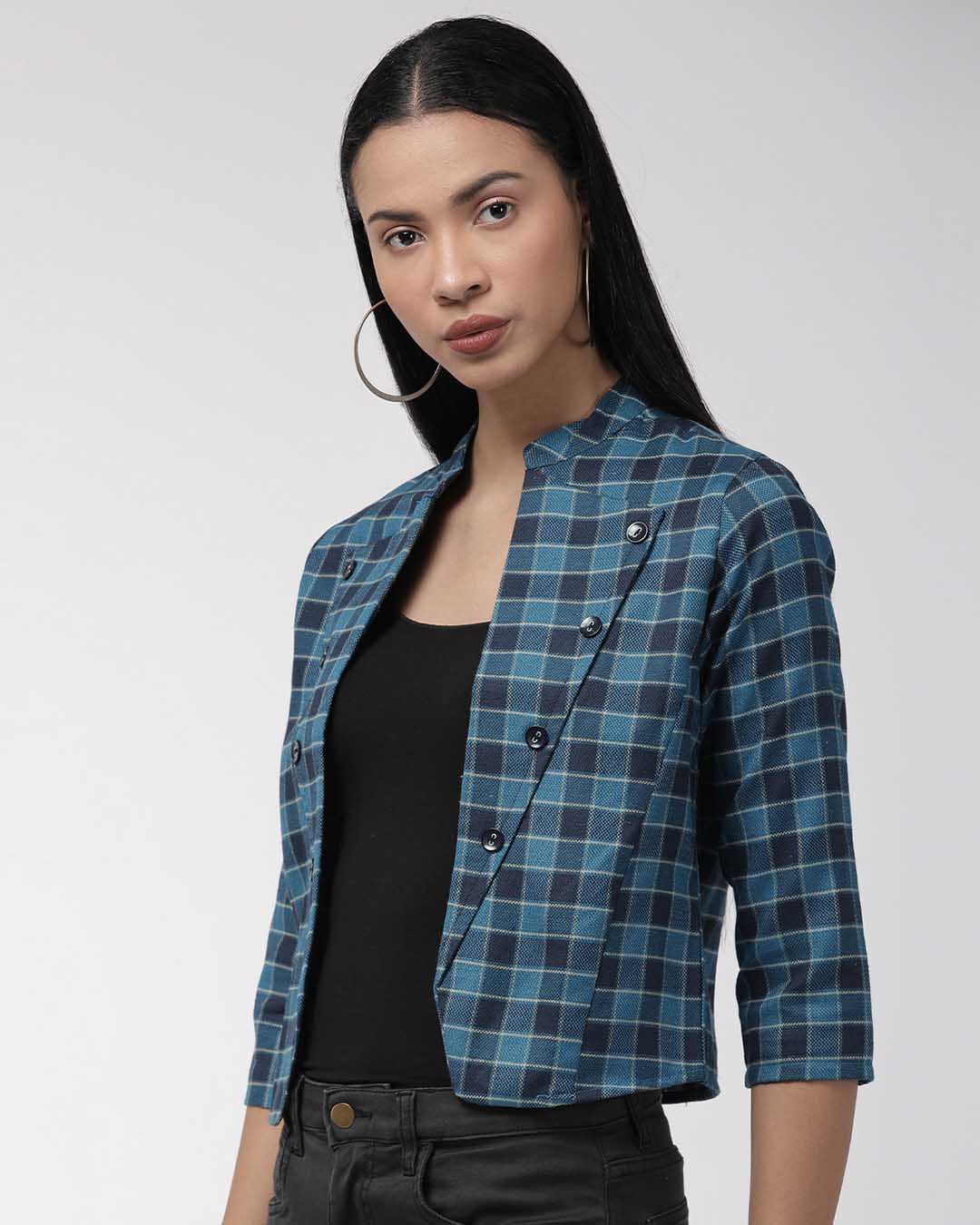 Shop Women's Teal Blue & Beige Checked Lightweight Tailored Jacket-Back