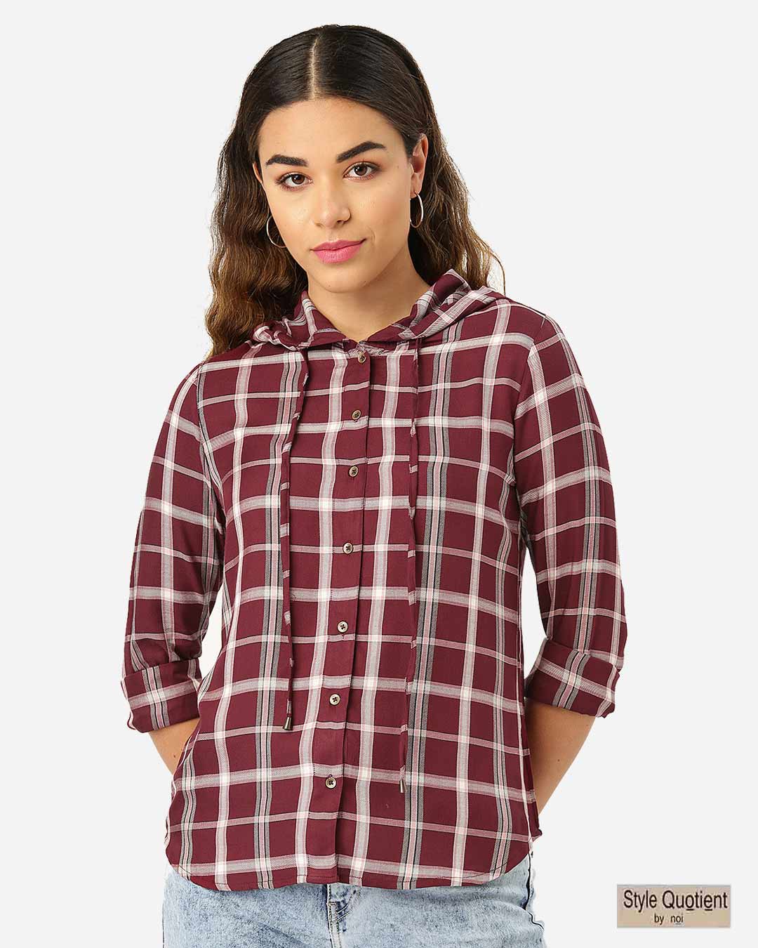 checked hooded shirt women's