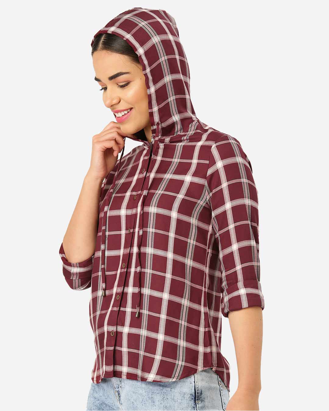 Shop Women Twill Weave Checked Hooded Casual Shirt-Back