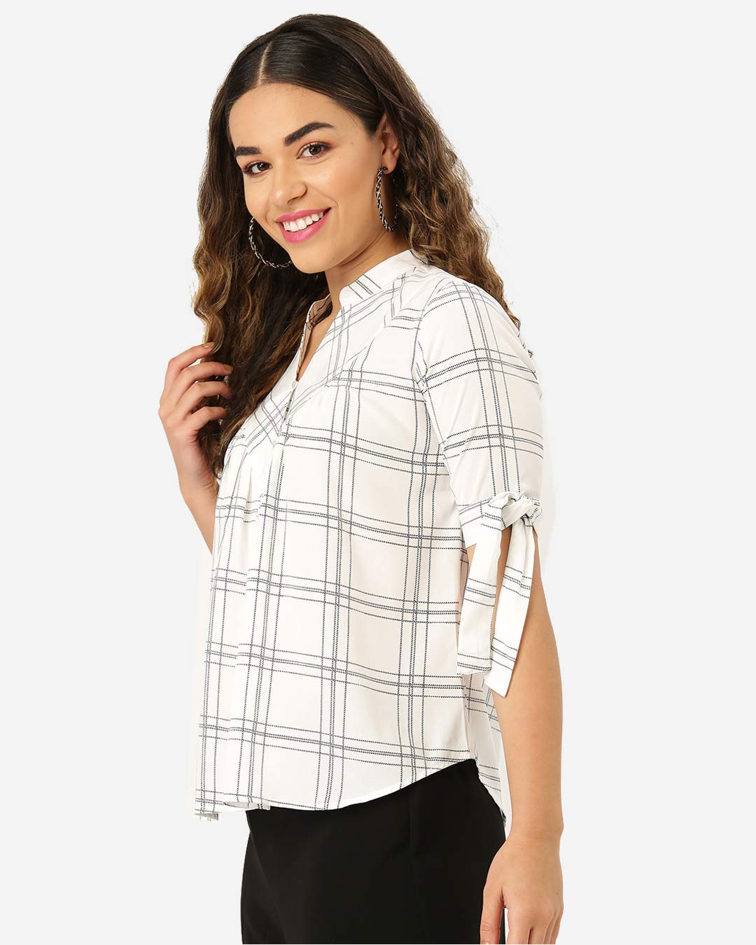 Shop Women White & Black Checked Shirt Style Top-Back