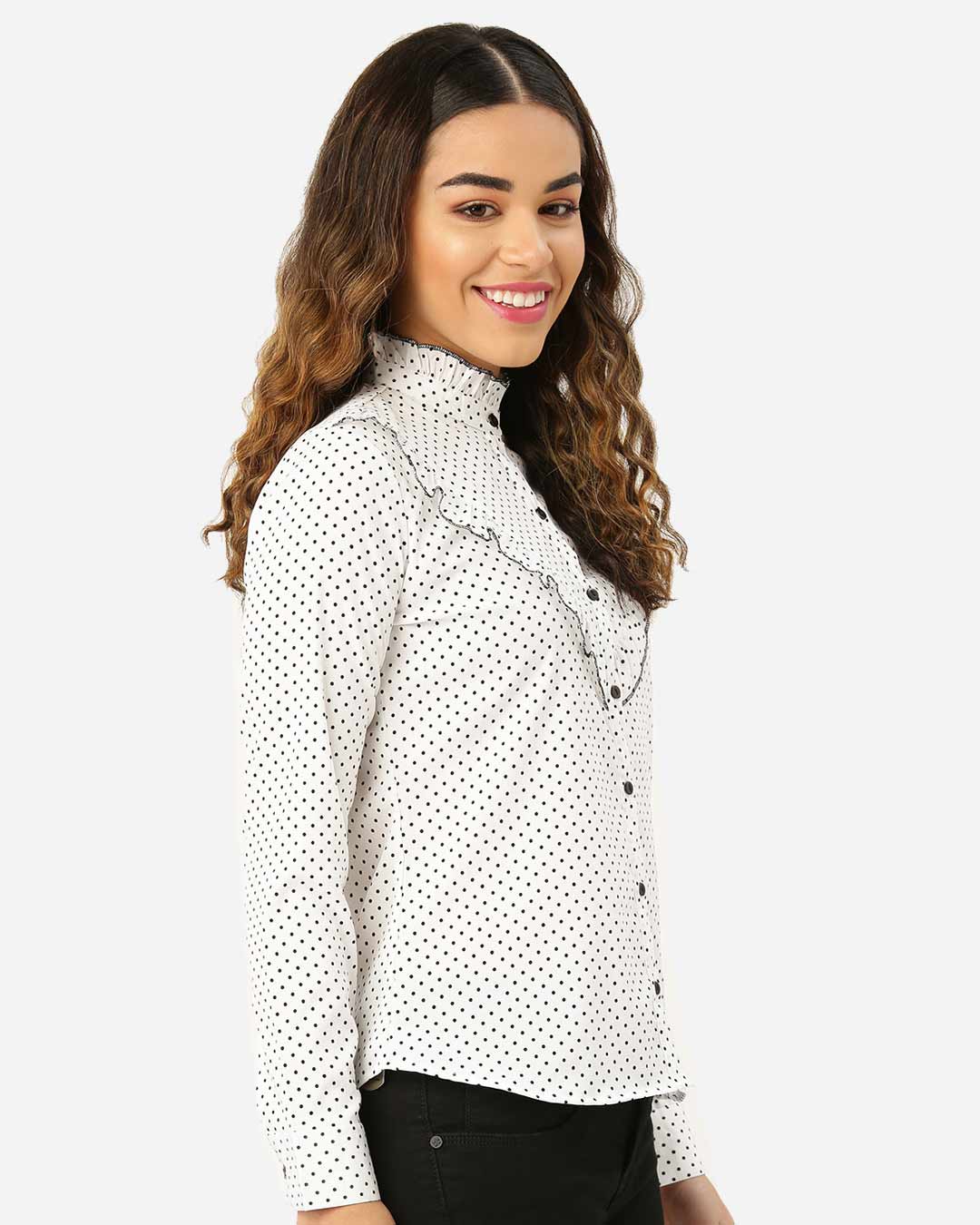 Shop Women White & Black Polka Dot Print Casual Shirt-Back