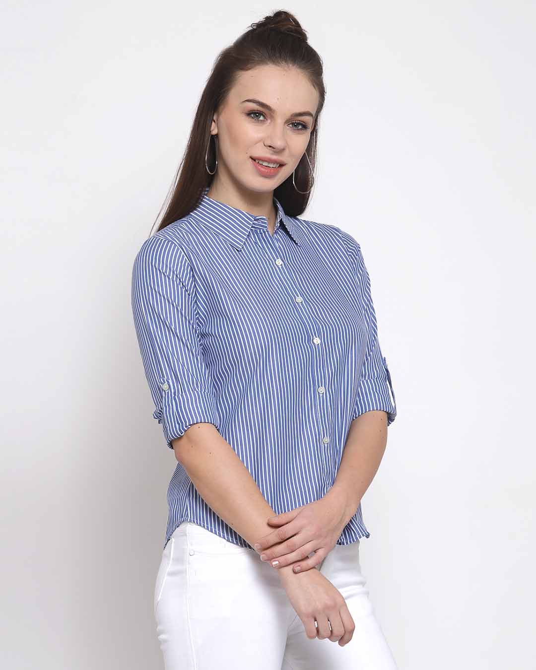 Shop Women's White Regular Fit Striped Casual Shirt-Back
