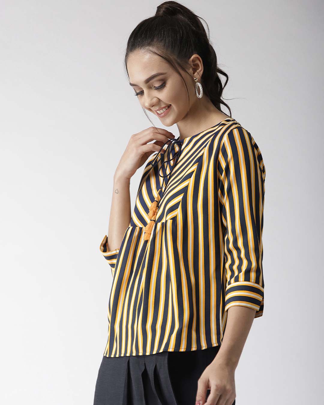 Shop Women's Yellow & Navy Blue Striped Top-Back