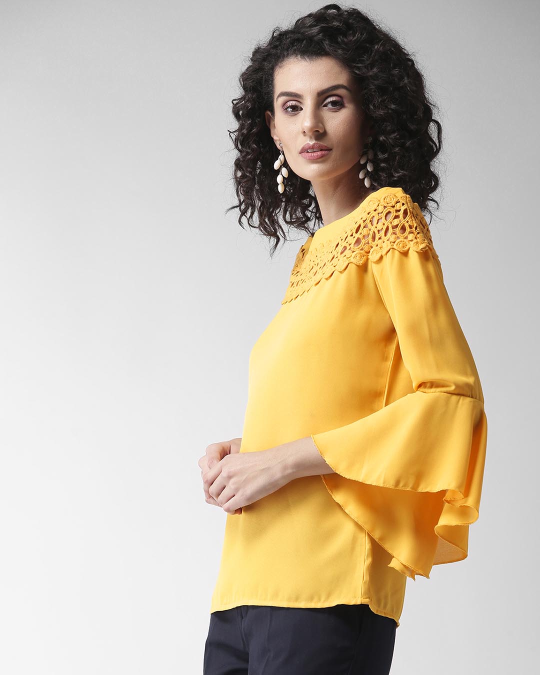 Shop Women Yellow Boat Neck Solid Top-Back