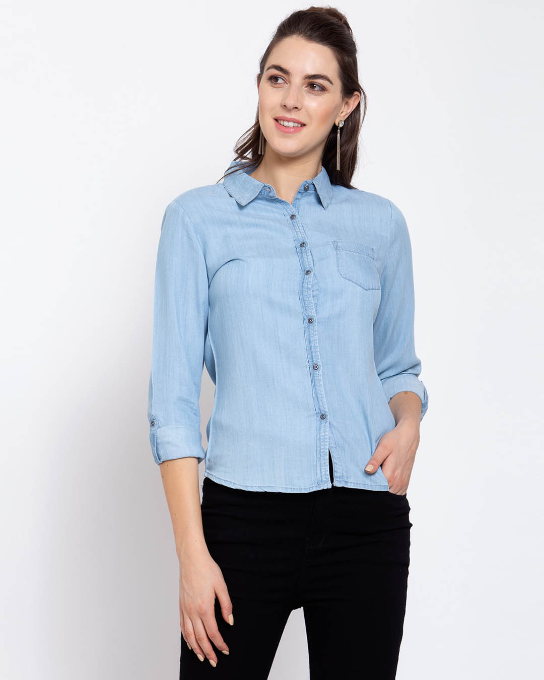 Long Sleeve Denim Shirt Women Button Down Chambray Shirt Casual Snap Jean  Shirts Blouse Top A-Blue at Amazon Women's Clothing store