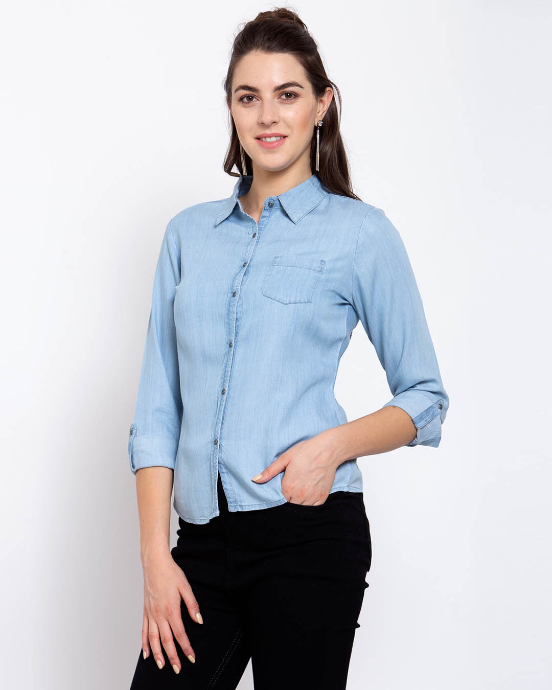 Shop Women's Blue Solid Denim Shirt-Back