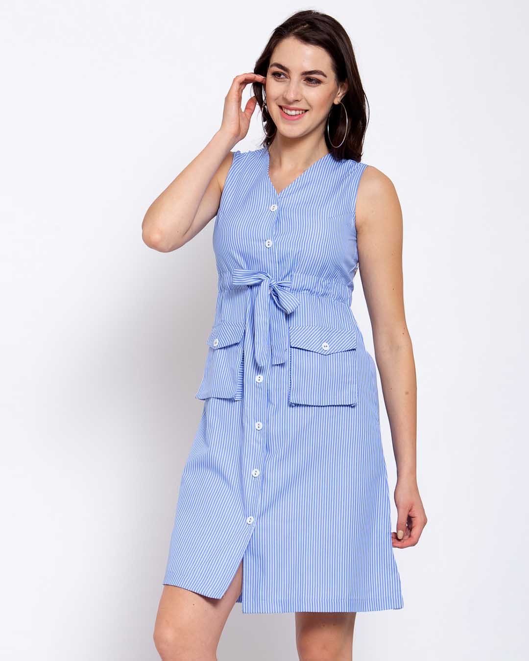 Shop Women's Blue Striped Sleeveless Dress-Back
