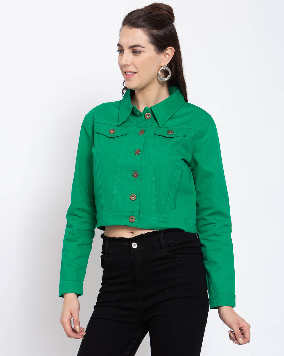 Shop Women's Green Solid Denim Jacket-Back