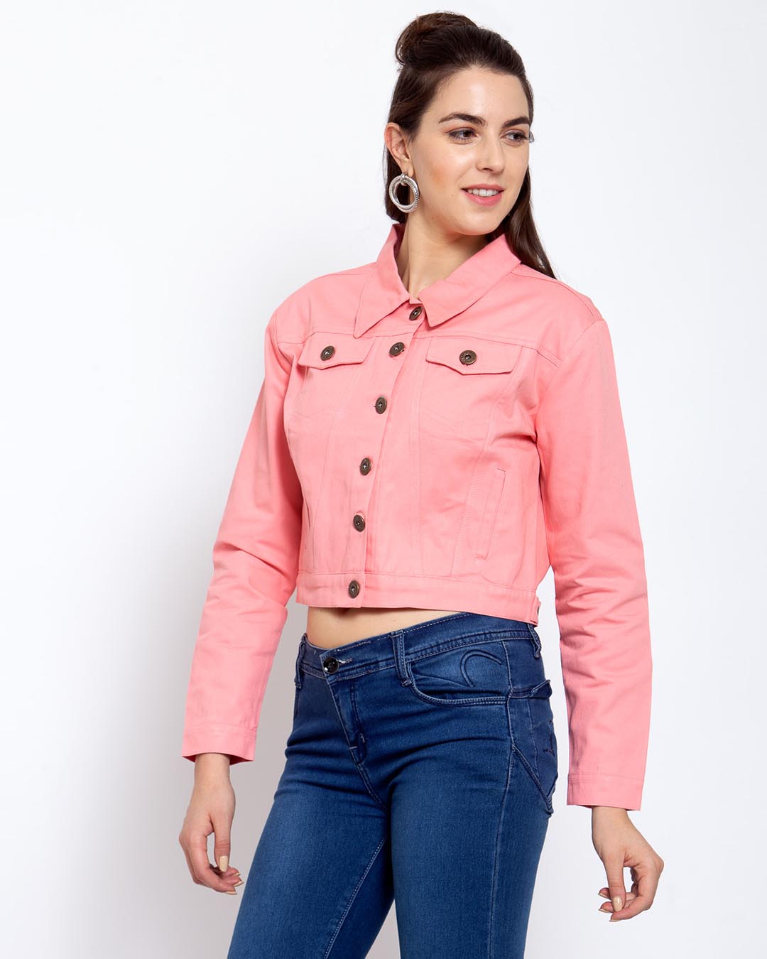 Shop Womens Pink Solid Denim Jacket-Back