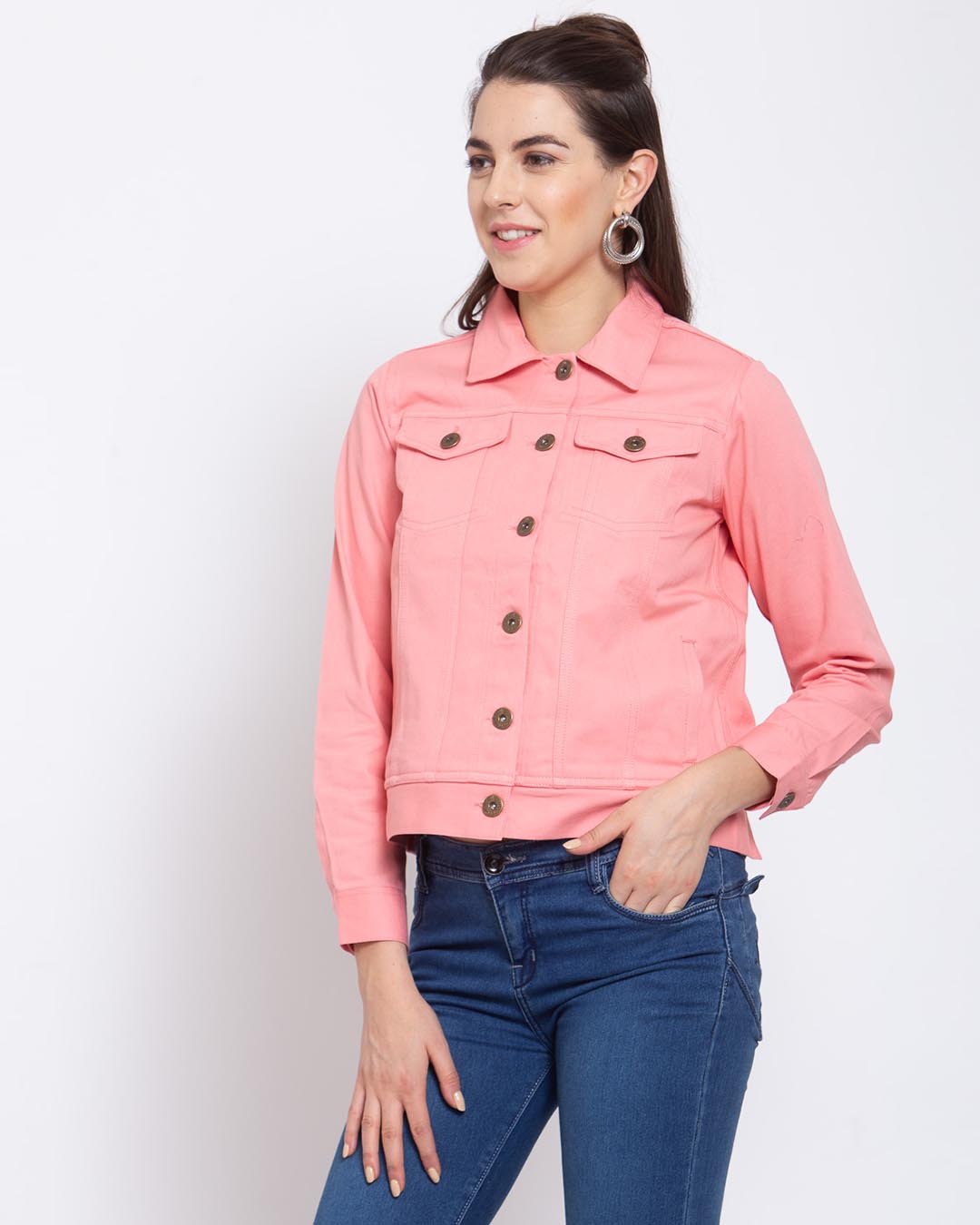 Shop Women's Pink Solid Denim Jacket-Back