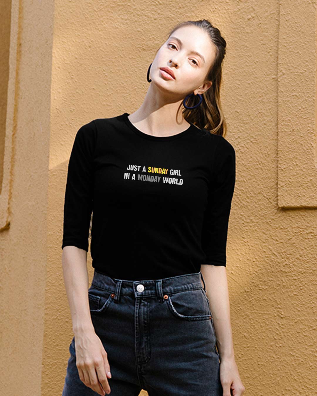 

Sunday Girl Round Neck 3/4 Sleeve T-Shirts Black Women' Printed Round Neck 3/4 Sleeve T-Shirts Bewakoof.com