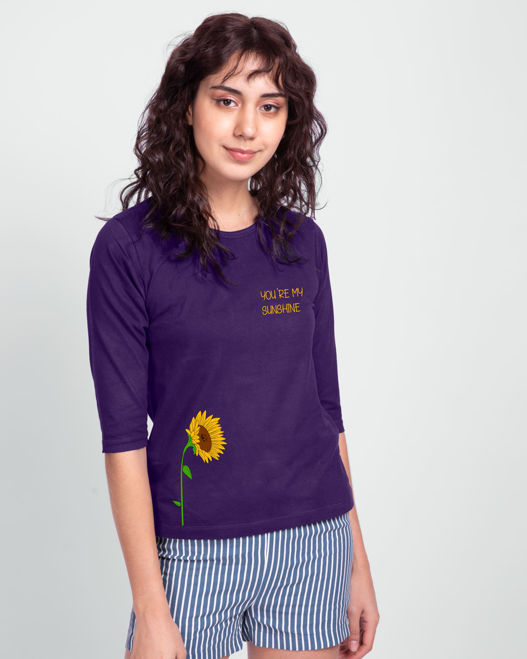 Shop Sunflower Sunshine Round Neck 3/4 Sleeve T-Shirt Parachute Purple-Back