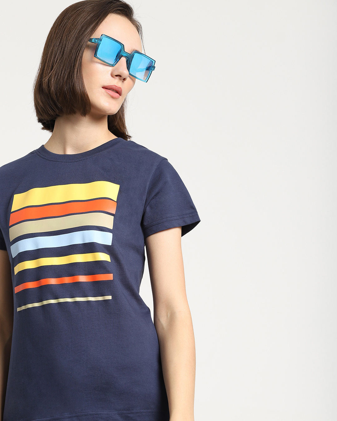 Shop Women's Blue Sunset Block Printed Slim Fit T-shirt-Front