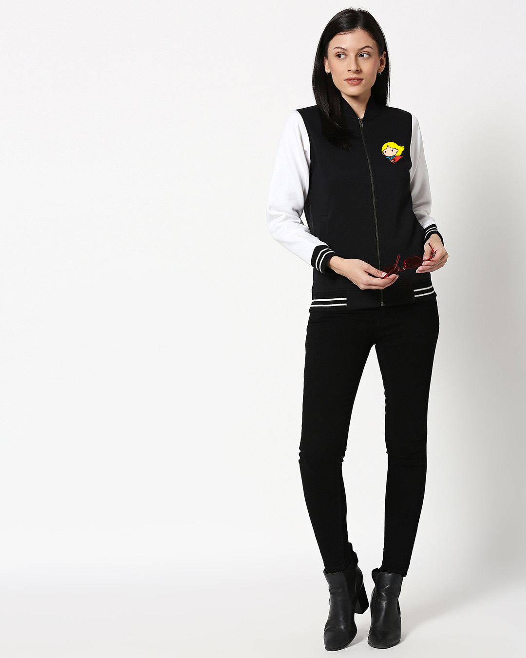 Buy Women's Black & White Super Girl Color Block Varsity Bomber