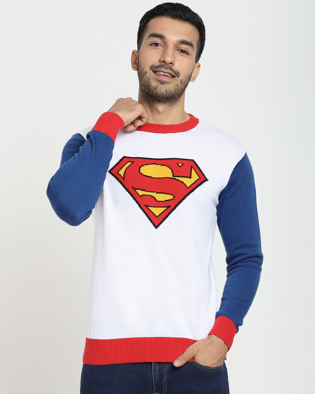 Shop Men's White Superman Color Block Flat Knit Sweater-Back
