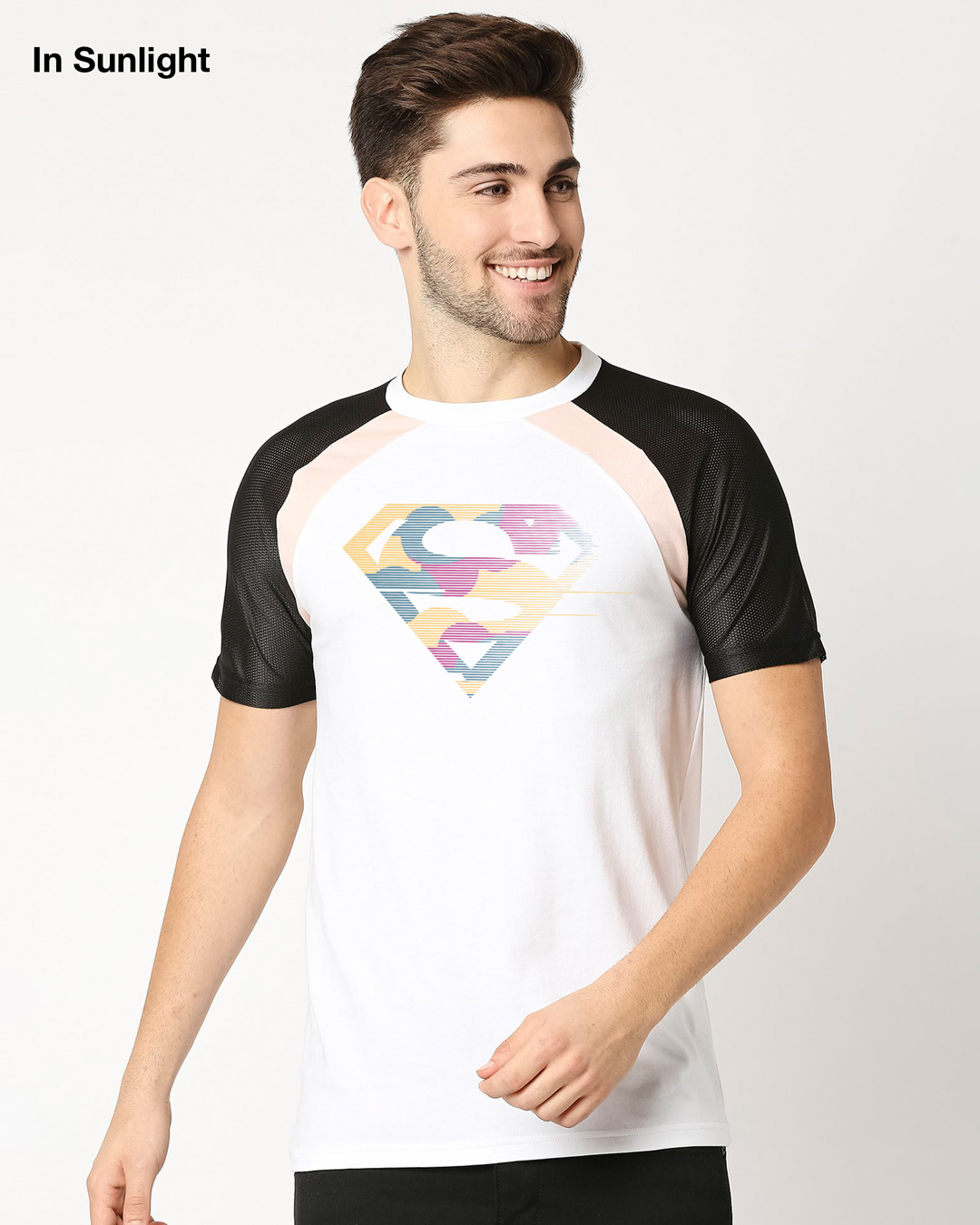 Shop Superman Line Art(SL) - Sun Active Mesh Round Neck Varsity T-Shirt-Back