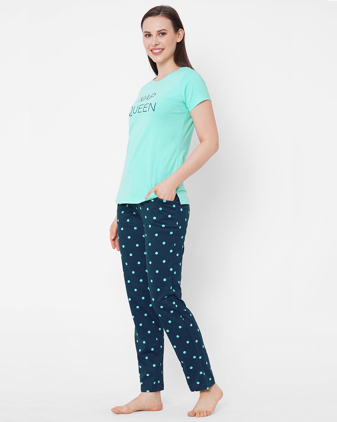 Shop Mint Green & Navy Printed Pyjama Set-Back