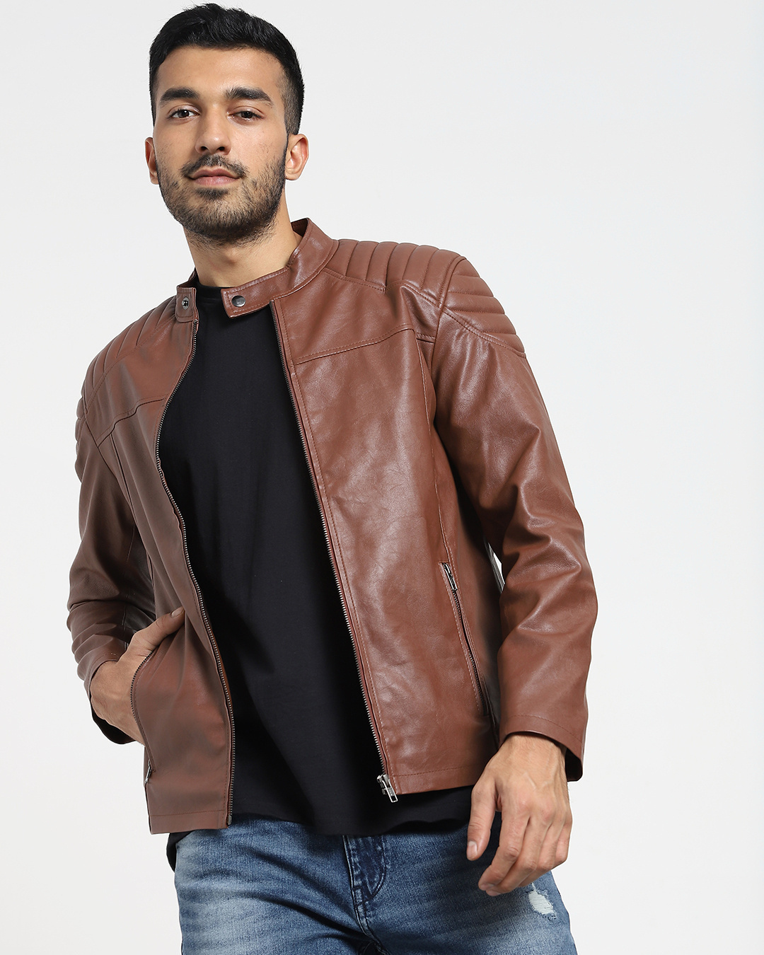 Buy Tan Solid Faux Leather Jacket Online at Bewakoof