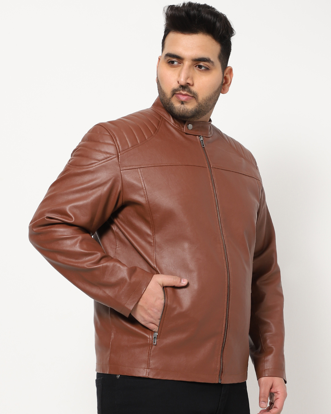 Shop Men's Brown Plus Size PU Jacket-Back