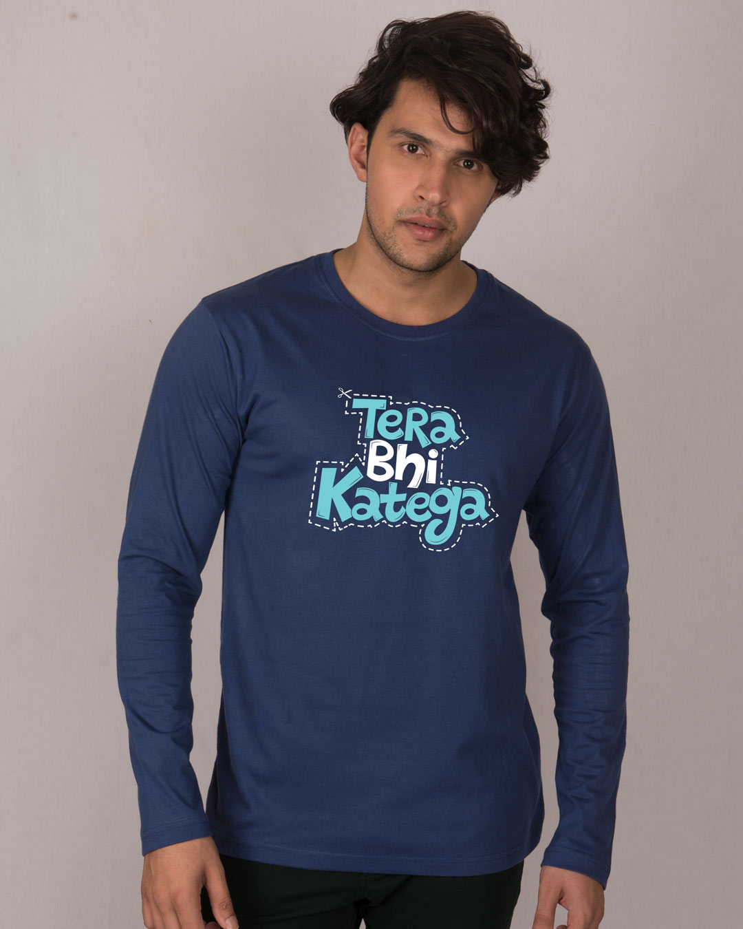 Buy Tera Bhi Katega Galaxy Blue Printed Full Sleeve T-Shirt For Men