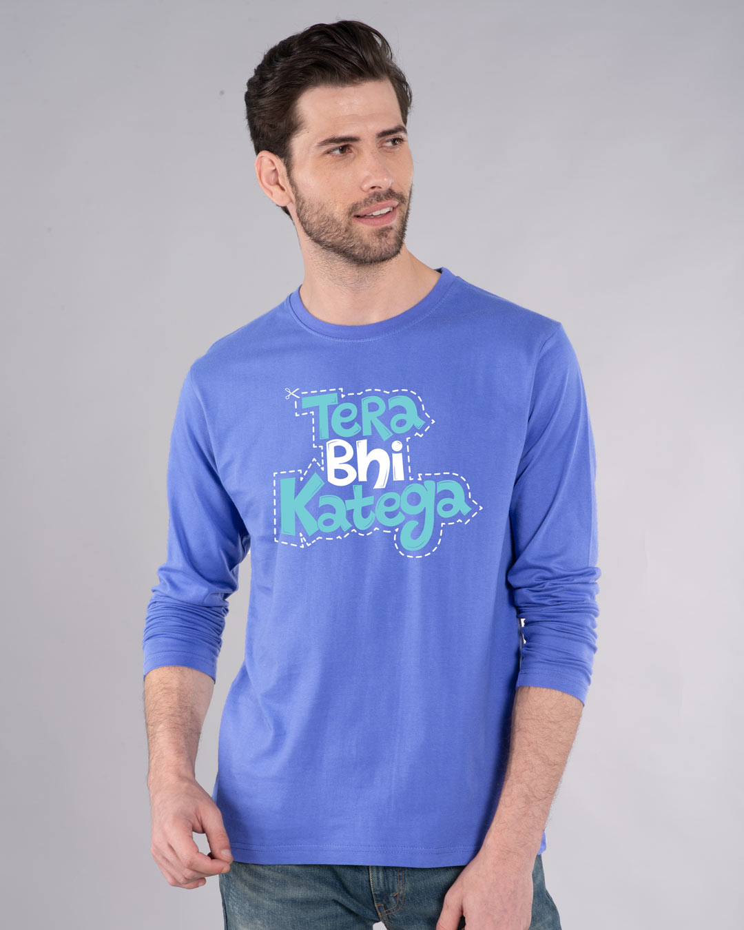 Buy Tera Bhi Katega Blue Haze Printed Full Sleeve T-Shirt For Men