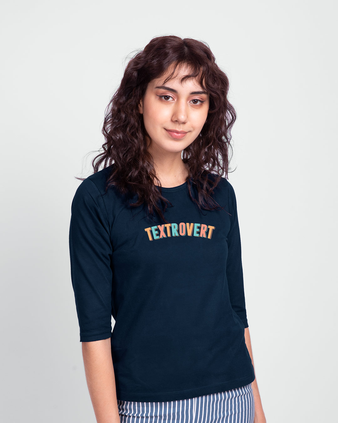 Shop Textrovert Round Neck 3/4 Sleeve T-Shirt Navy Blue-Back