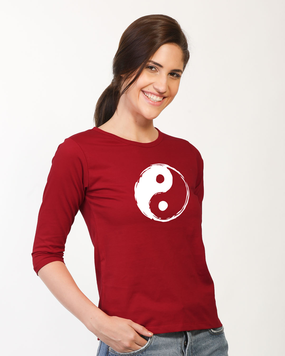 Shop Textured Yin Yang Round Neck 3/4th Sleeve T-Shirt-Back