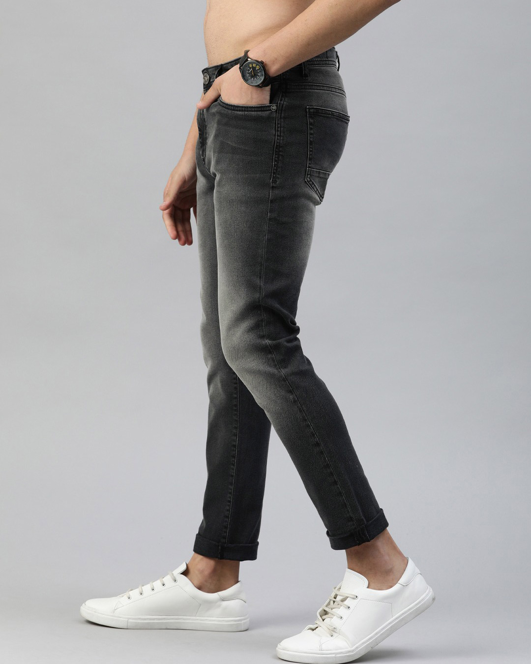 Shop Grey Tapered Slim Fit Jeans-Back