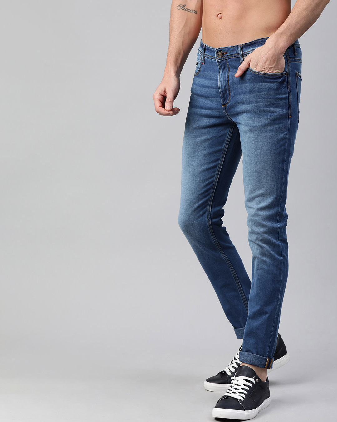 Shop Blue Scott Knitted Tapered Slim Fit Jeans-Back