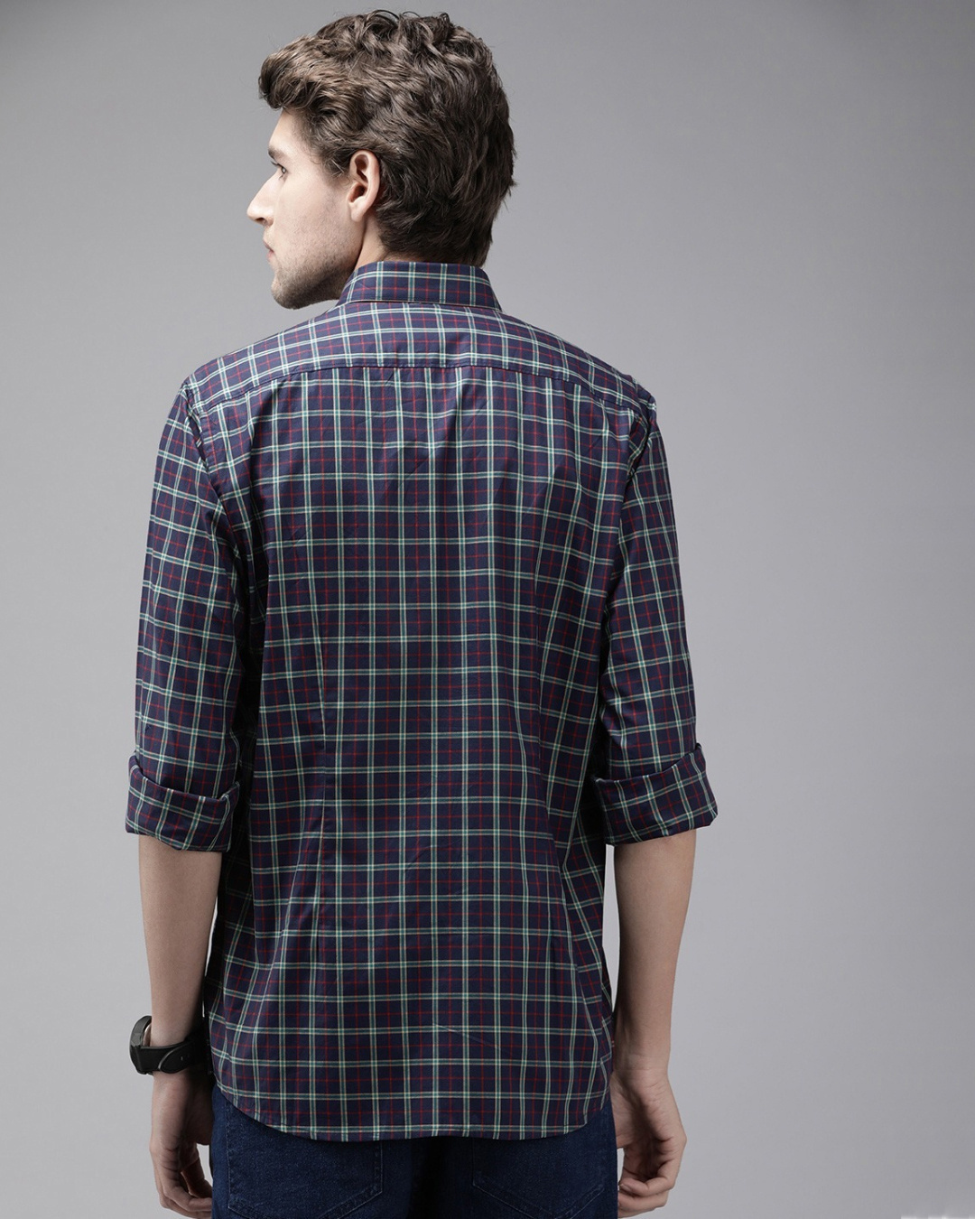 Shop Men's Blue Luxury Giza Cotton Button-down Checkered Formal Shirt-Back