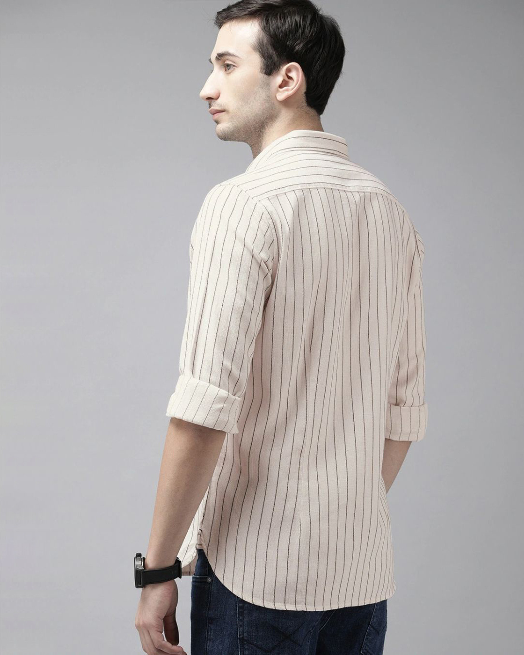 Shop Men's Beige Striped Slim Fit Casual Shirt-Back