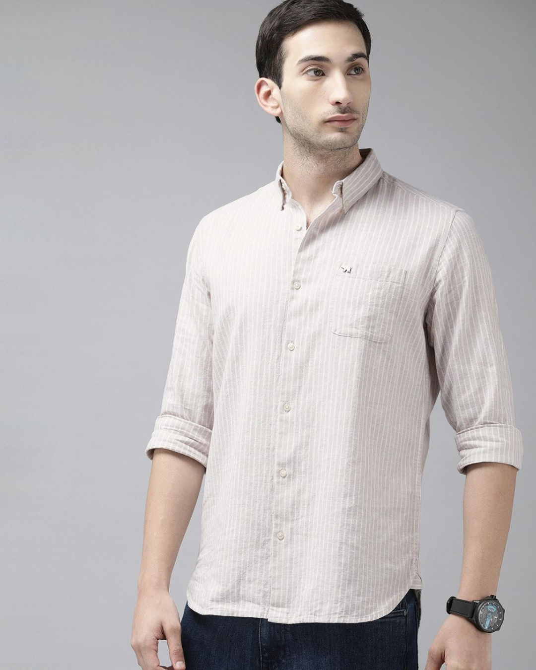 Buy Men's Beige Striped Linen Shirt for Men Beige Online at Bewakoof