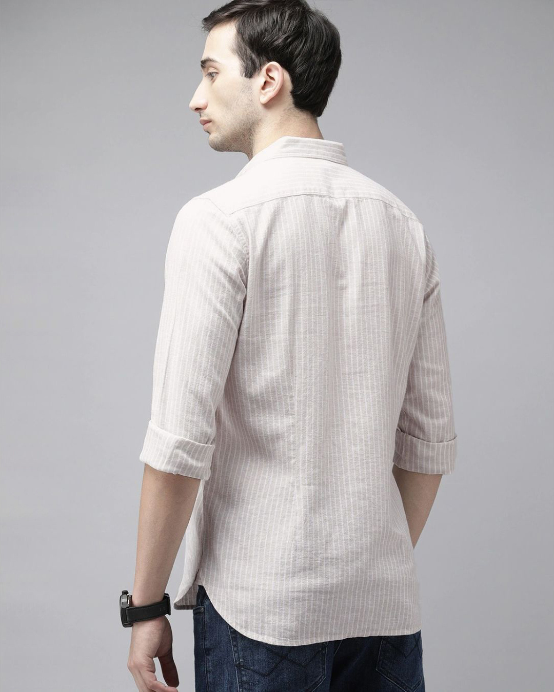 Shop Men's Beige Striped Linen Shirt-Back