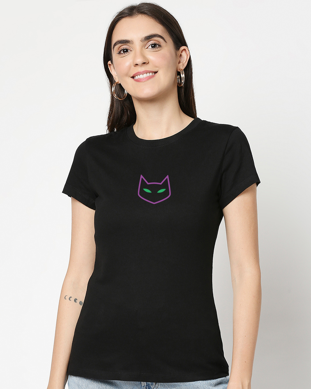 Shop Women's Black The Chibi Cat Printed T-shirt-Back
