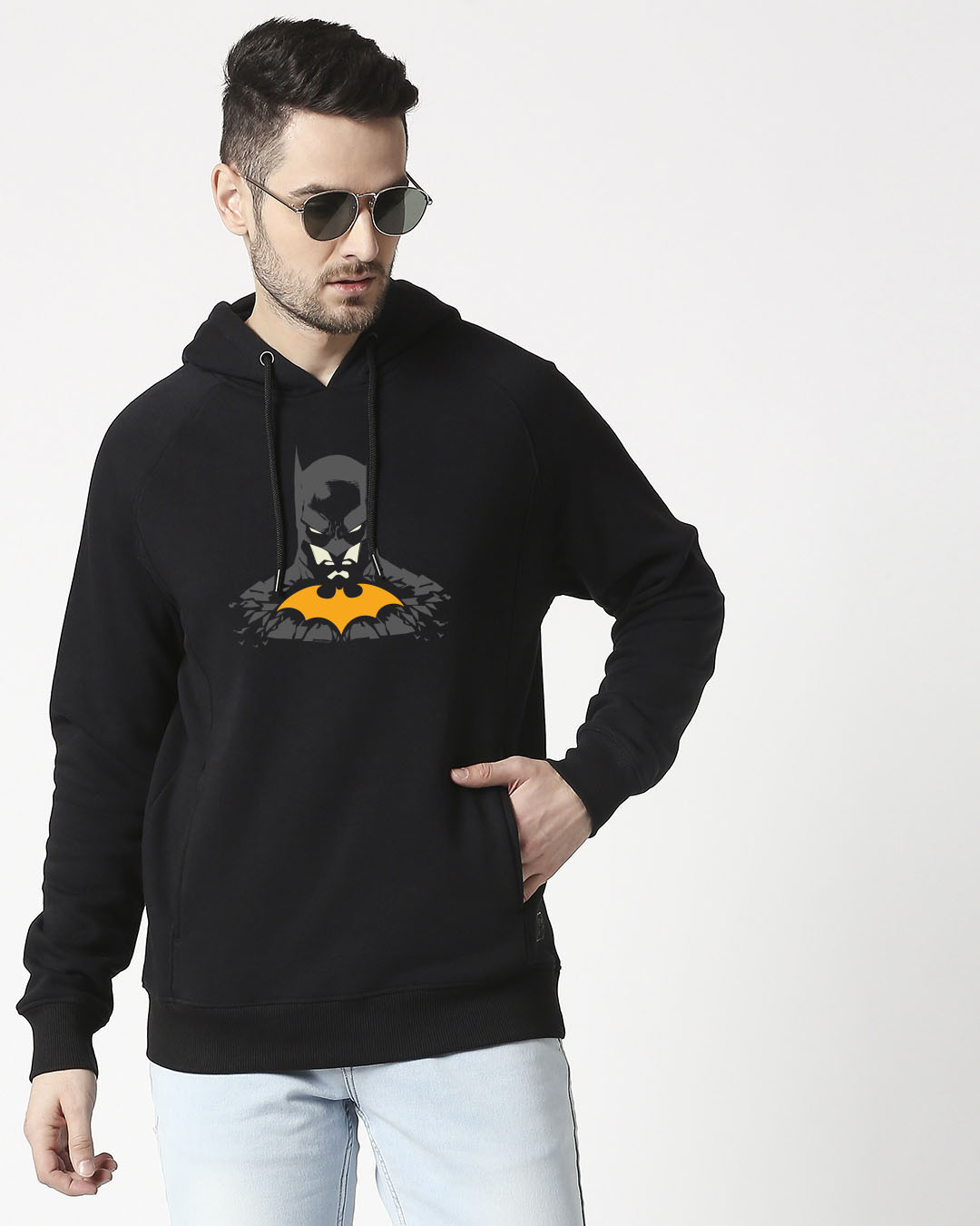 

The Dark Knight Yellow Symbol Stylised Panel Hoodie Sweatshirt (BML) Men' Printed Cut & Sew Sweatshirt Hoodie Bewakoof.com, Black