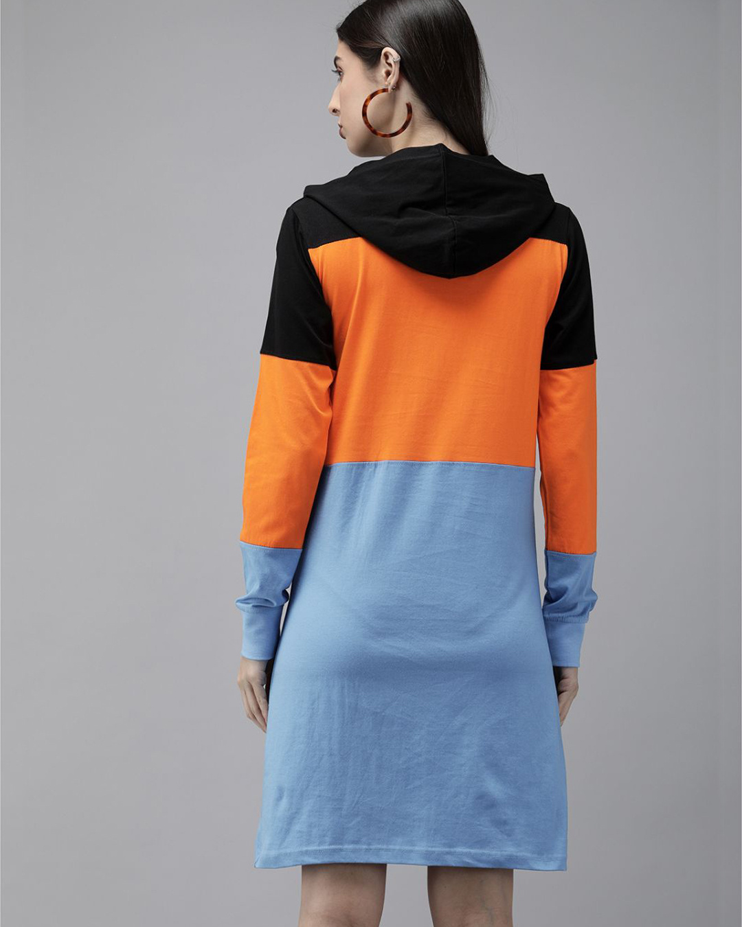 Shop Blue And Orange Colourblocked Knitted T Shirt Dress-Back