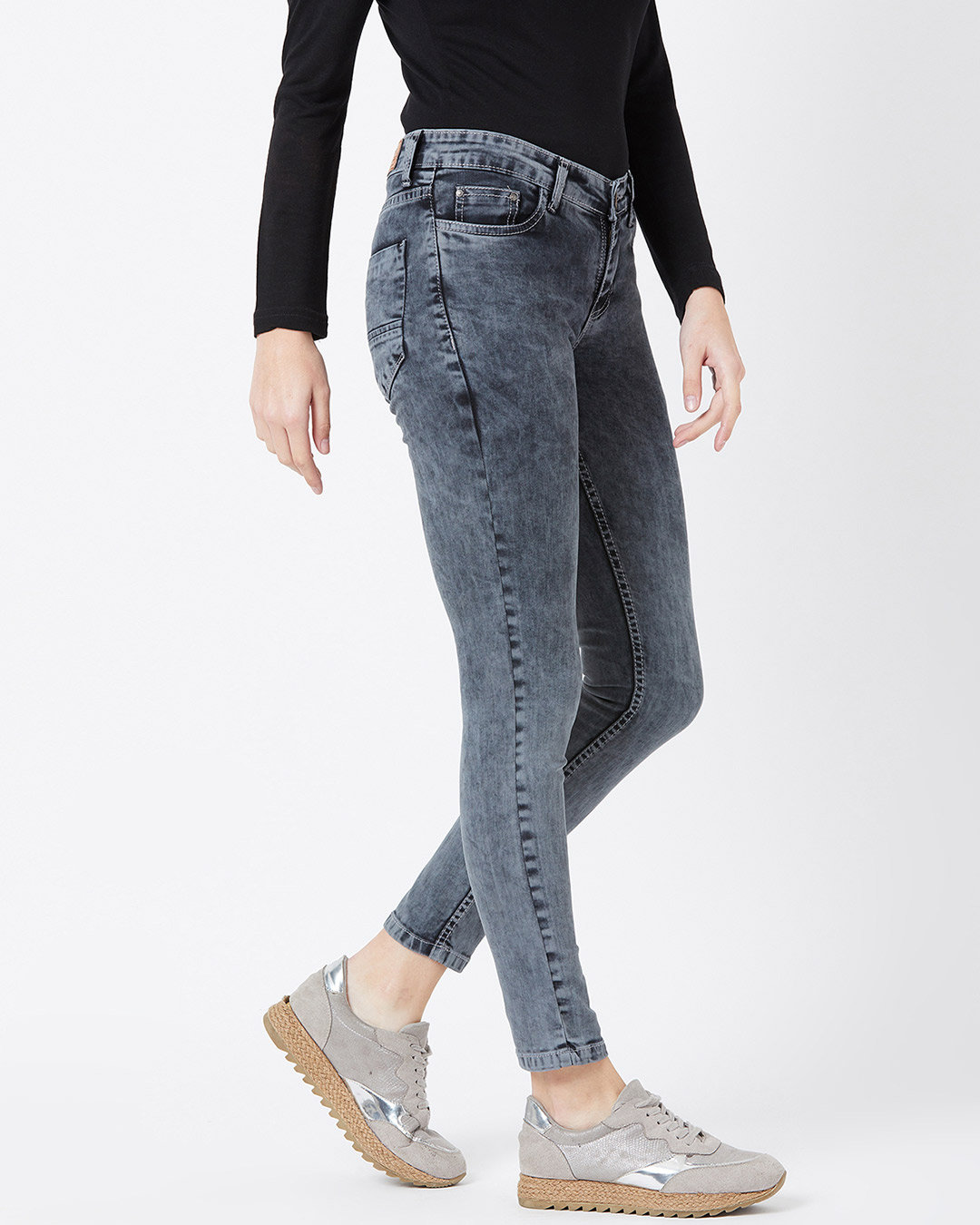 Shop Women's Grey Medium Wash 5 Pocket Mid Rise Jeans-Back