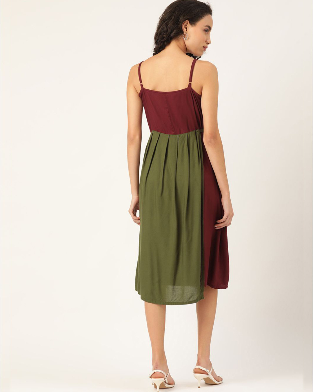 Shop Women Maroon And Olive Green Layered Colourblocked Woven A Line Dress-Back