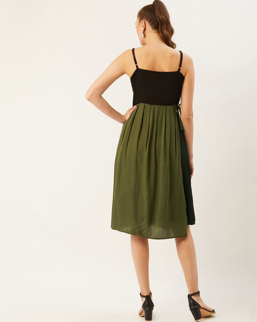 Shop Women Olive Green And Black Colourblocked Woven A Line Dress-Back