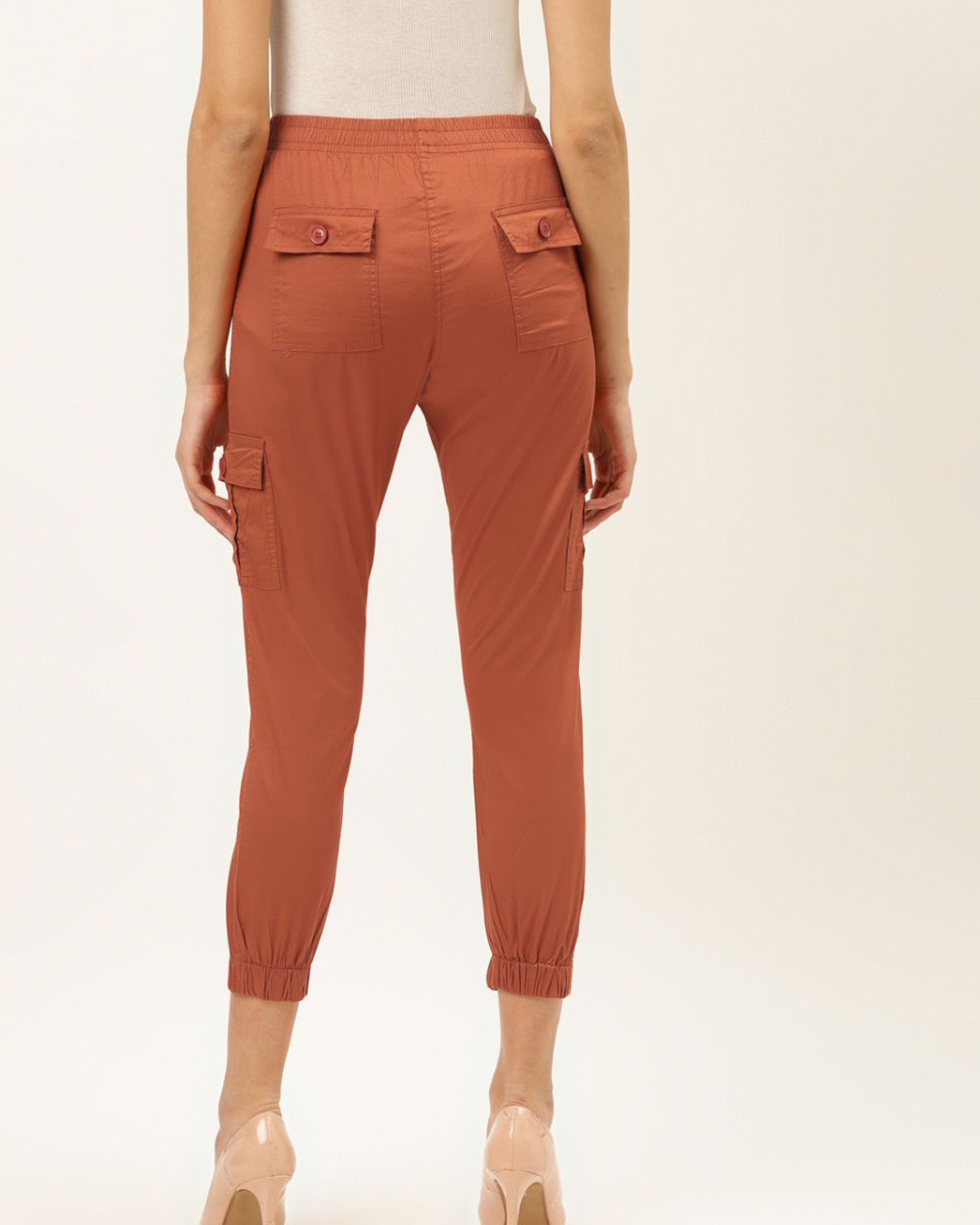 Shop Women Orange Color Solid Cropped Cargo Joggers And Slip On Closure-Back