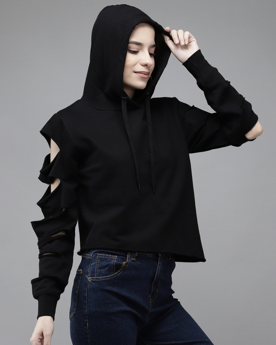 Shop Black Cropped Hoodie with Distressed Sleeve-Back