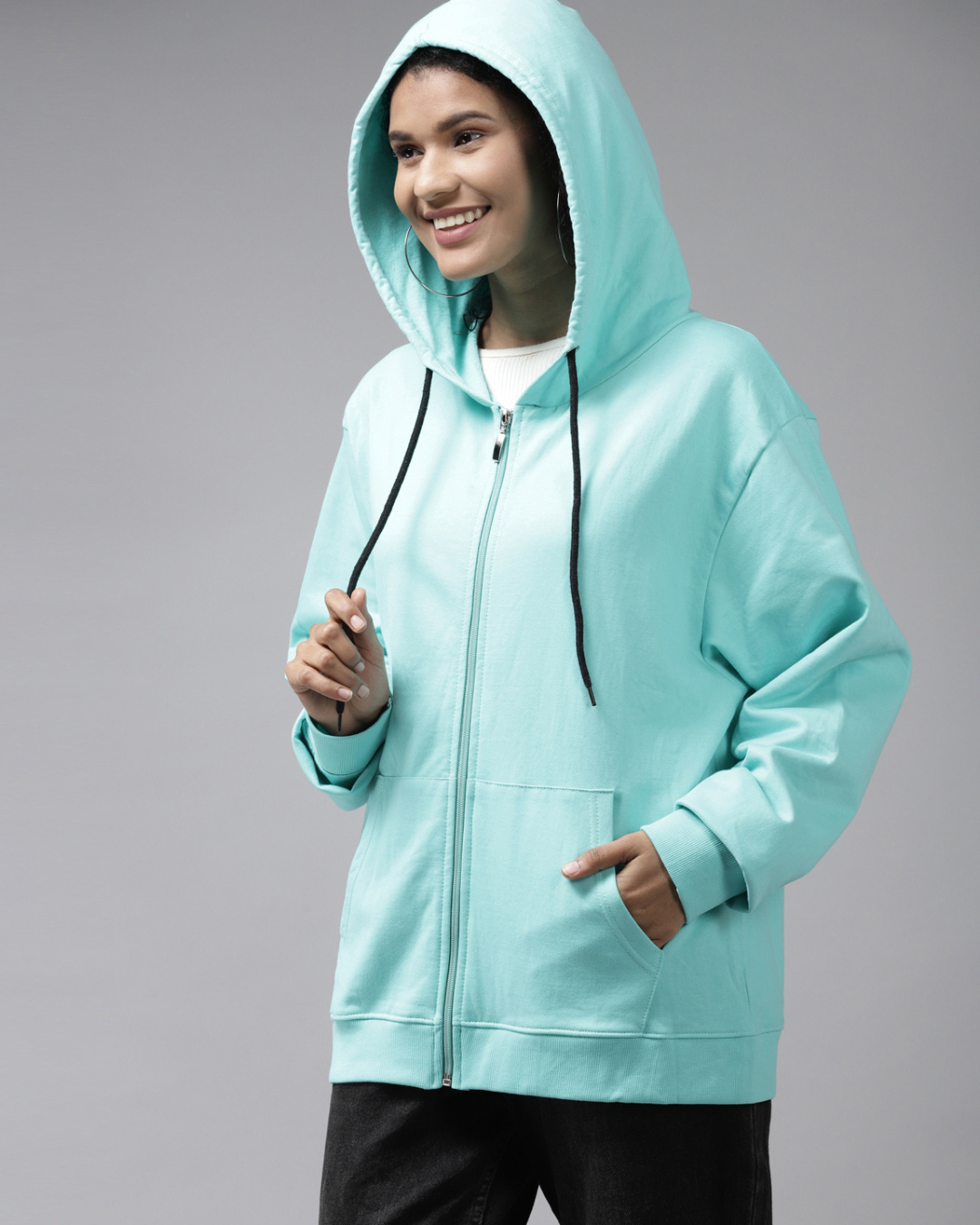 Shop Cute Baby Blue Oversized Hoodie with Zipper-Back