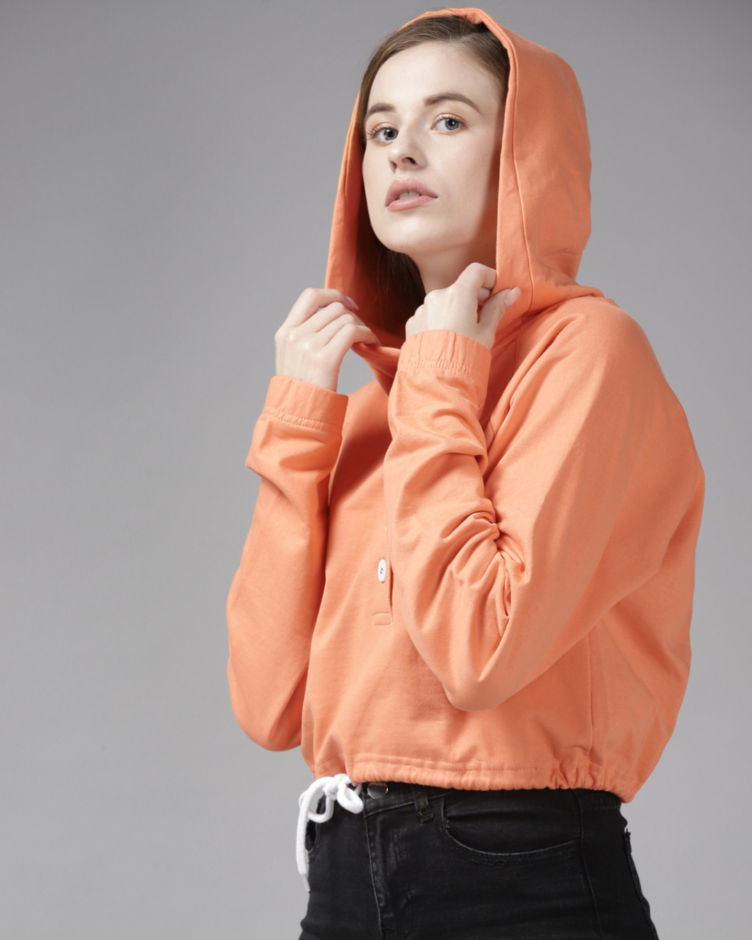 Shop Peach Cropped Hoodie with Buttons-Back