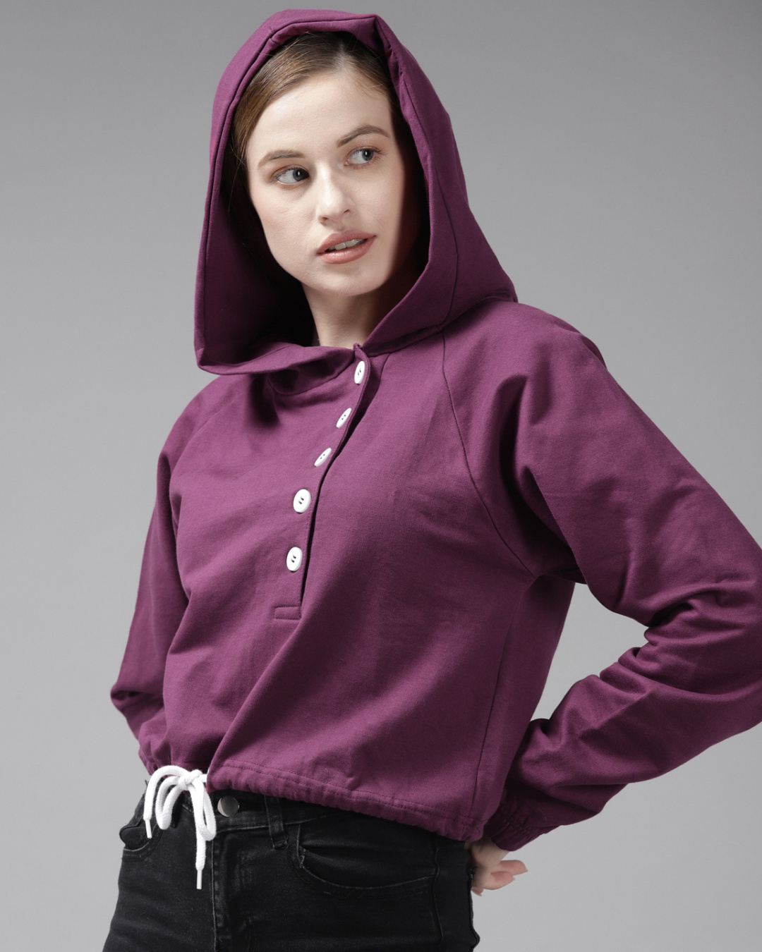 Shop Purple Cropped Hoodie with Buttons-Back