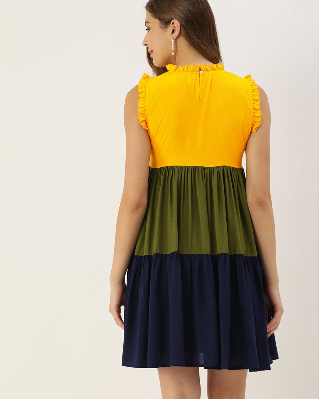 Shop Women Yellow And Olive Green Colourblocked Woven Tiered A Line Dress-Back